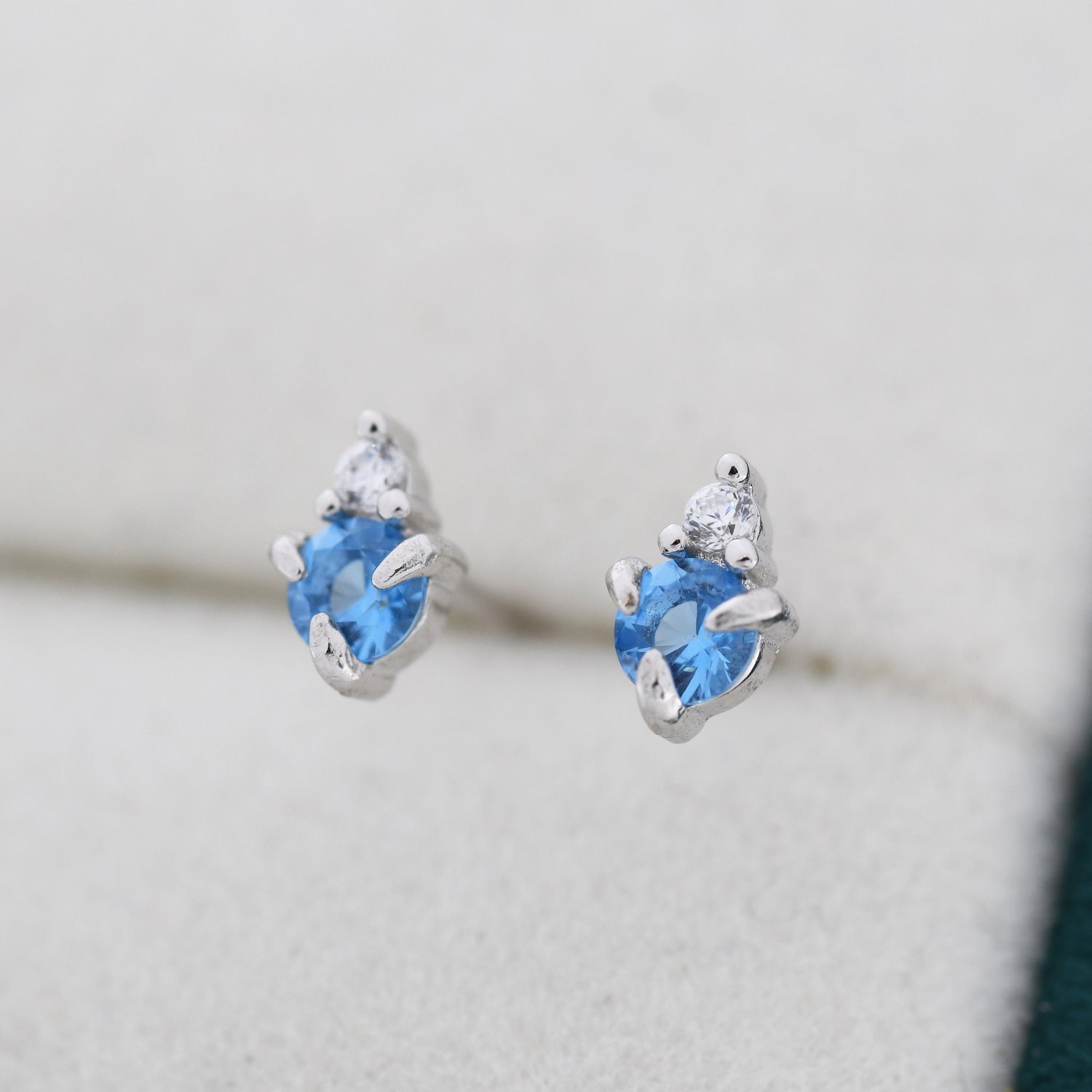 Sterling Silver Aquamarine Blue Stud Earrings, 3mm March Birthstone CZ Earrings, Silver, Gold or Rose Gold, Stacking Earrings