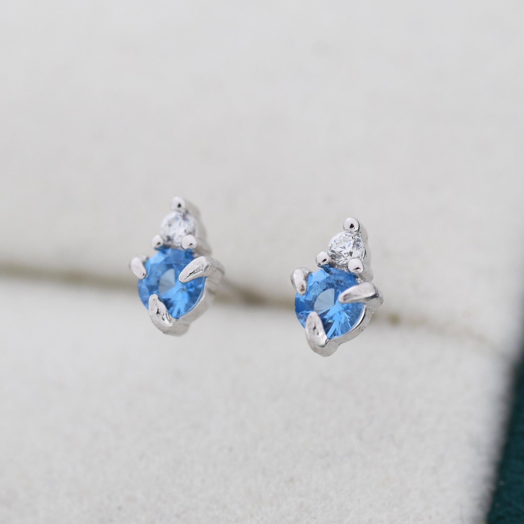 Sterling Silver Aquamarine Blue Stud Earrings, 3mm March Birthstone CZ Earrings, Silver, Gold or Rose Gold, Stacking Earrings