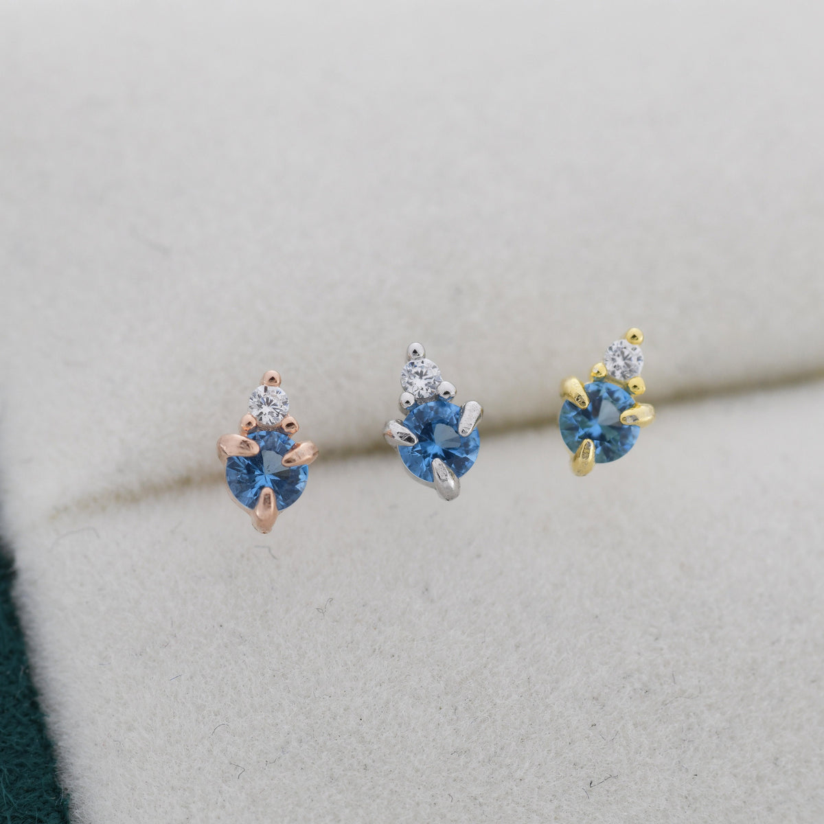 Sterling Silver Aquamarine Blue Stud Earrings, 3mm March Birthstone CZ Earrings, Silver, Gold or Rose Gold, Stacking Earrings