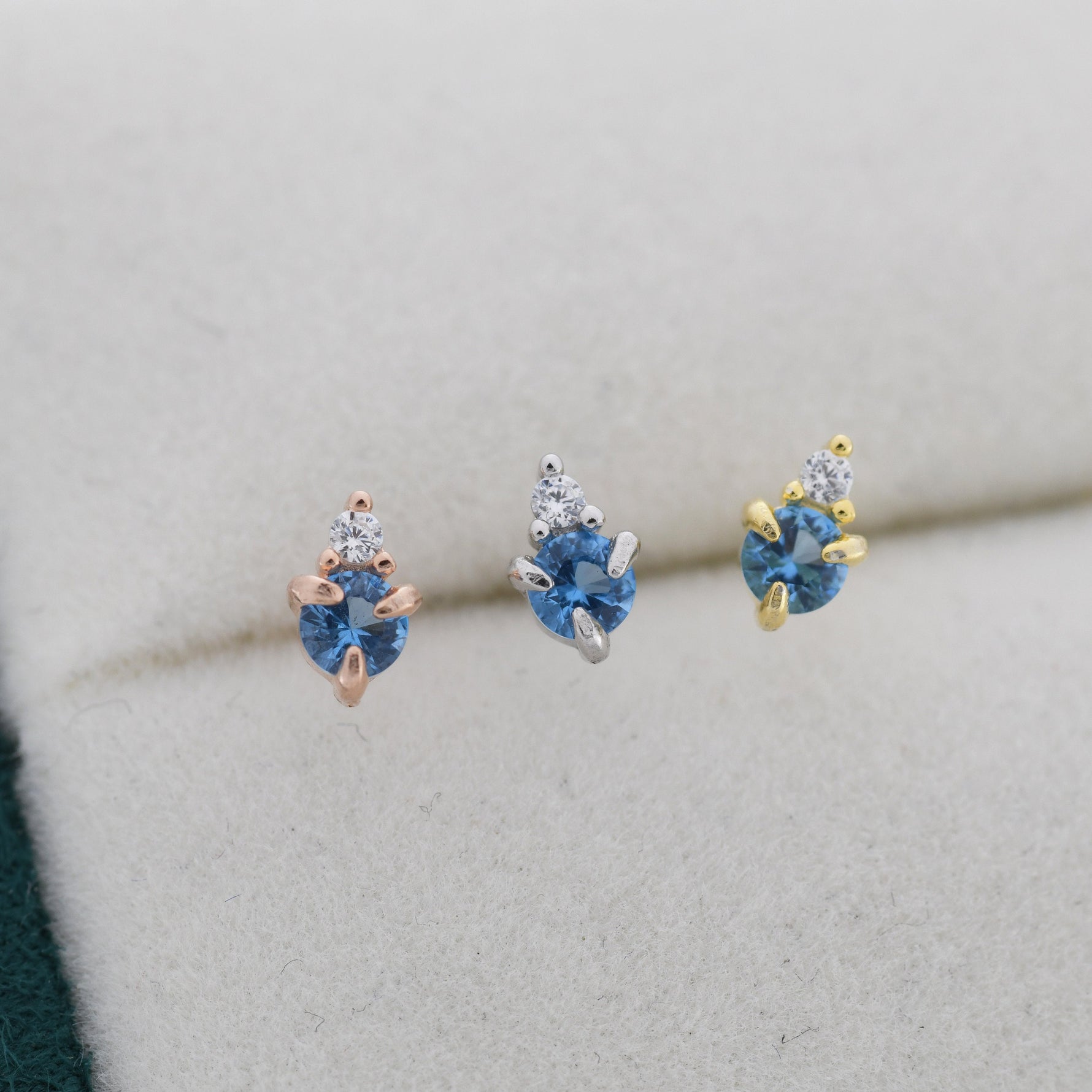 Sterling Silver Aquamarine Blue Stud Earrings, 3mm March Birthstone CZ Earrings, Silver, Gold or Rose Gold, Stacking Earrings