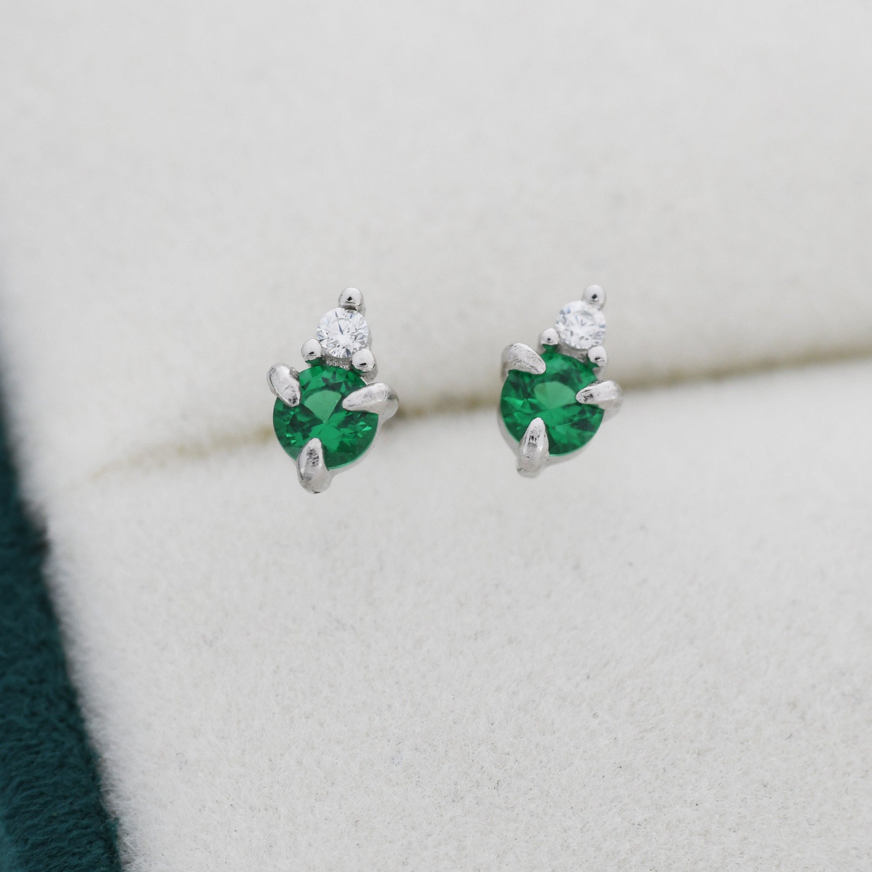 Sterling Silver Emerald Green CZ Stud Earrings, 3mm May Birthstone CZ Earrings, Silver, Gold or Rose Gold, Stacking Earrings