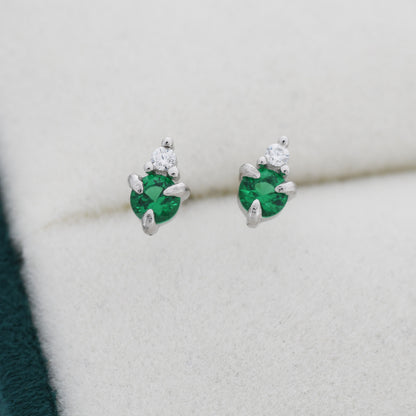 Sterling Silver Emerald Green CZ Stud Earrings, 3mm May Birthstone CZ Earrings, Silver, Gold or Rose Gold, Stacking Earrings