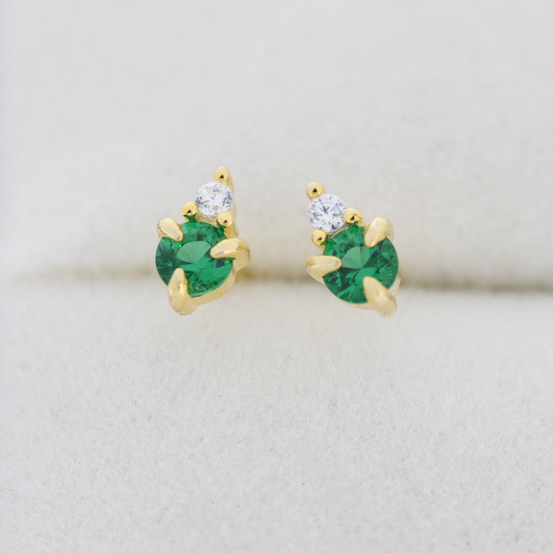 Sterling Silver Emerald Green CZ Stud Earrings, 3mm May Birthstone CZ Earrings, Silver, Gold or Rose Gold, Stacking Earrings