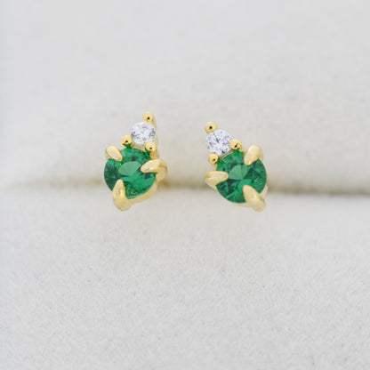 Sterling Silver Emerald Green CZ Stud Earrings, 3mm May Birthstone CZ Earrings, Silver, Gold or Rose Gold, Stacking Earrings