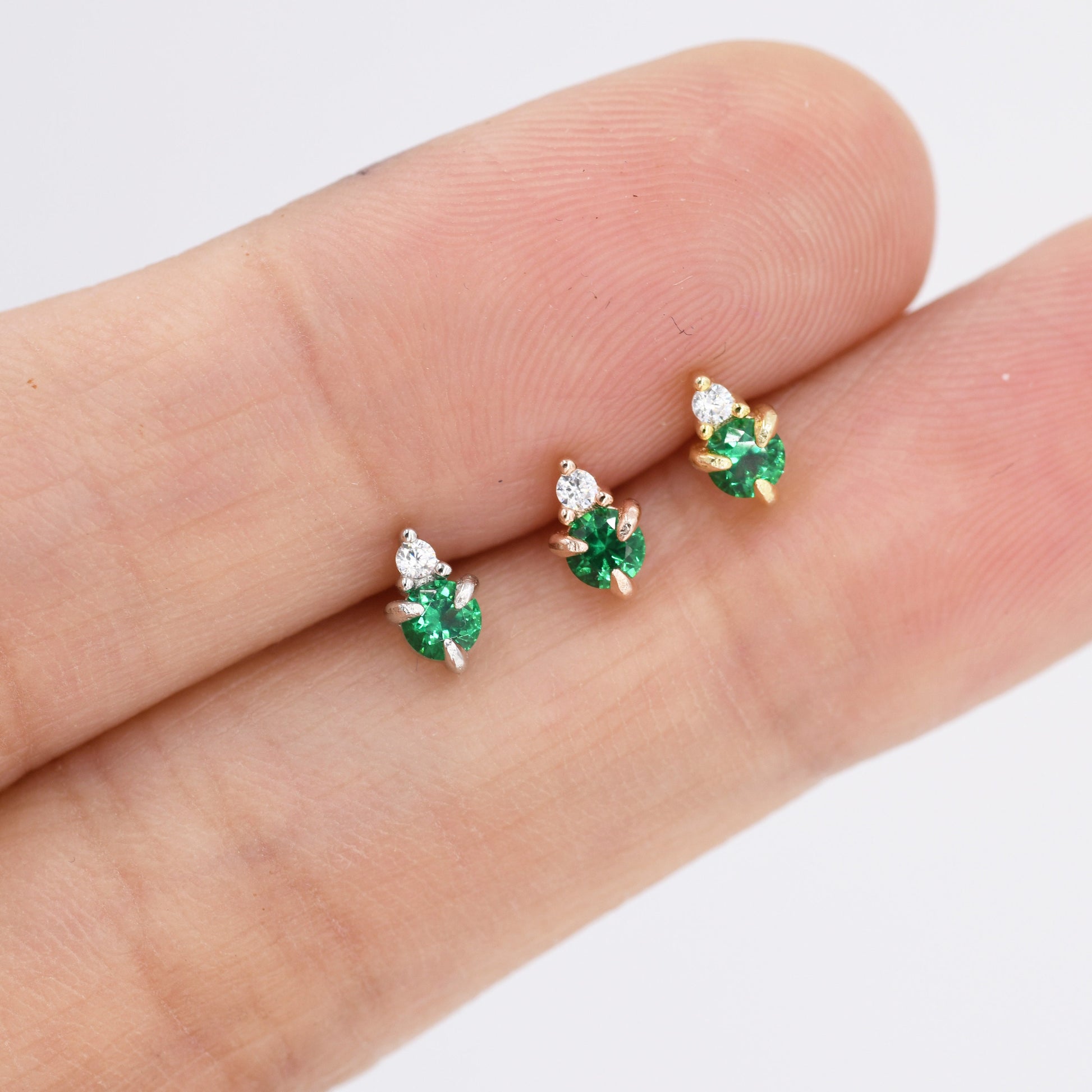 Sterling Silver Emerald Green CZ Stud Earrings, 3mm May Birthstone CZ Earrings, Silver, Gold or Rose Gold, Stacking Earrings