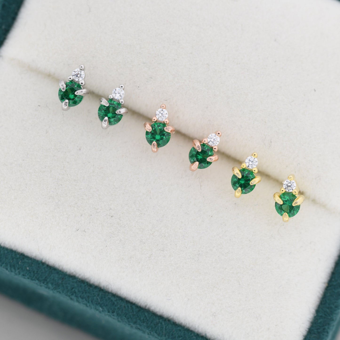 Sterling Silver Emerald Green CZ Stud Earrings, 3mm May Birthstone CZ Earrings, Silver, Gold or Rose Gold, Stacking Earrings