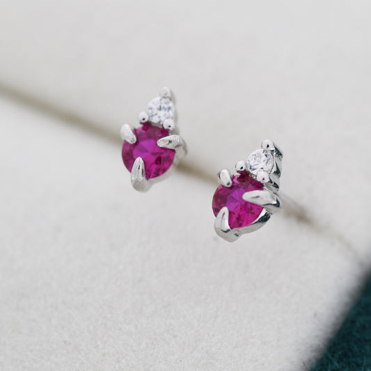 Sterling Silver Ruby Pink Red CZ Stud Earrings,  3mm July Birthstone CZ Earrings, Silver, Gold or Rose Gold, Stacking Earrings