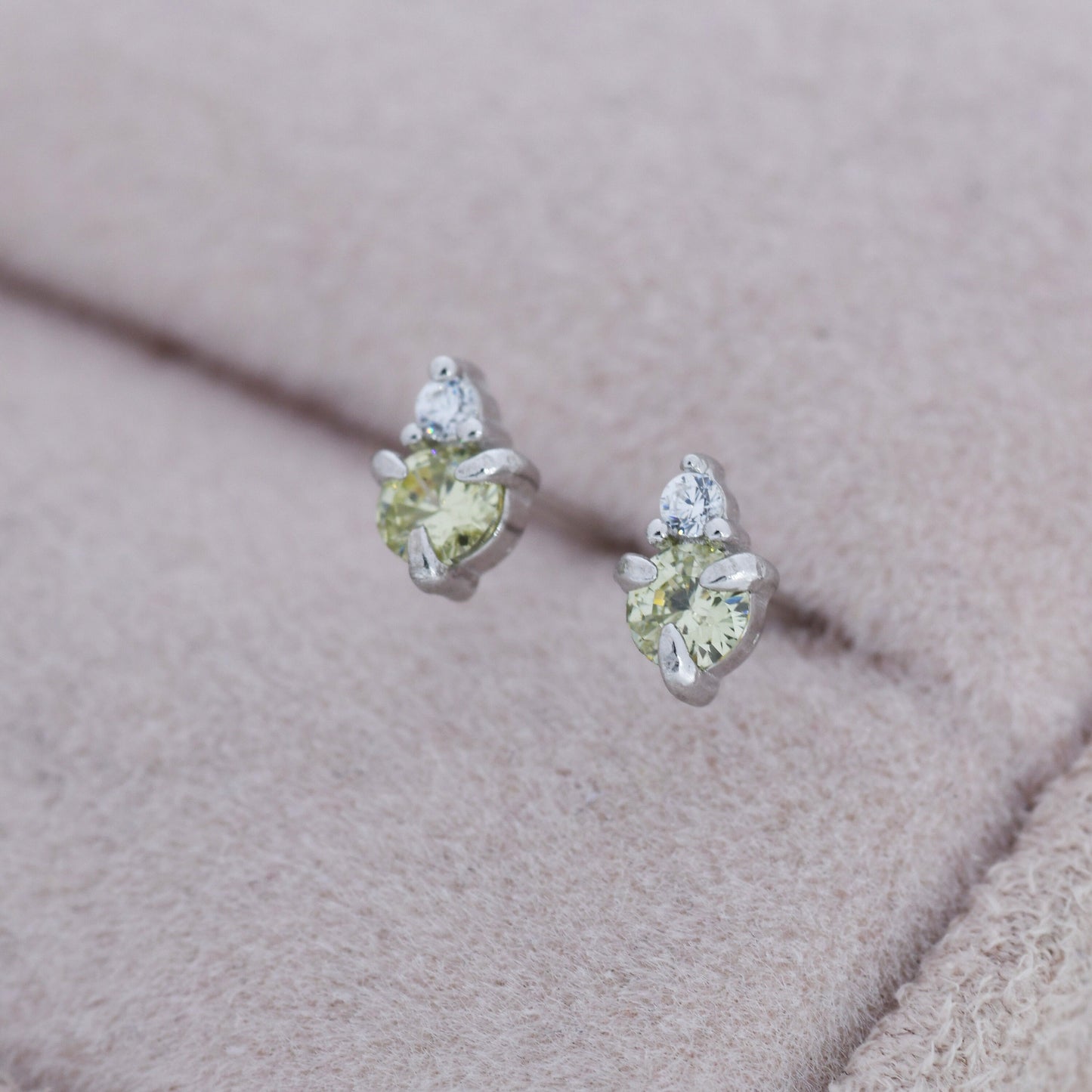 Sterling Silver Peridot Green CZ Stud Earrings,  3mm August Birthstone CZ Earrings, Silver, Gold or Rose Gold, Stacking Earrings