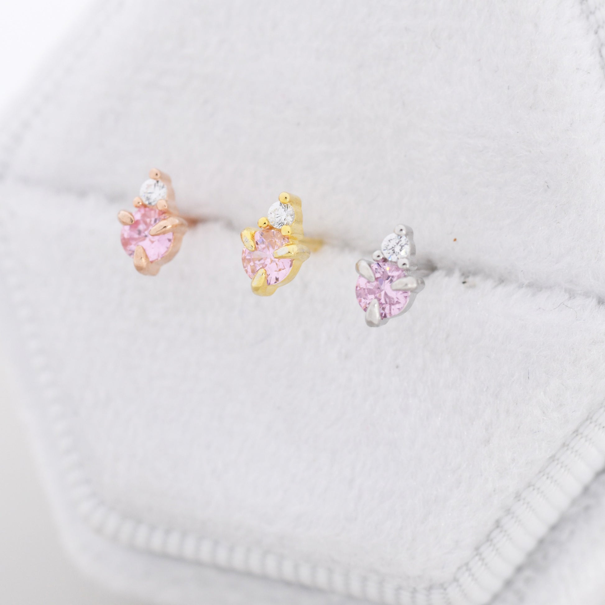 Sterling Silver Tourmaline Pink CZ Stud Earrings, 3mm October Birthstone CZ Earrings, Silver, Gold or Rose Gold, Stacking Earrings