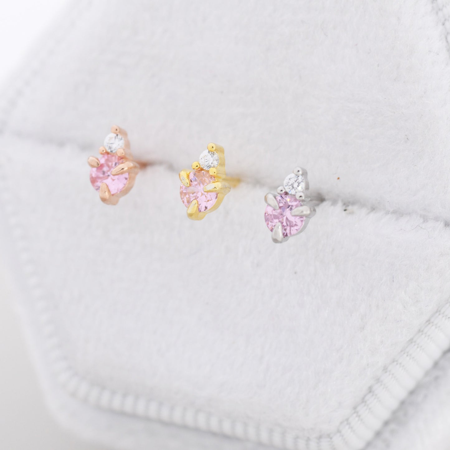 Sterling Silver Tourmaline Pink CZ Stud Earrings,  3mm October Birthstone CZ Earrings, Silver, Gold or Rose Gold, Stacking Earrings