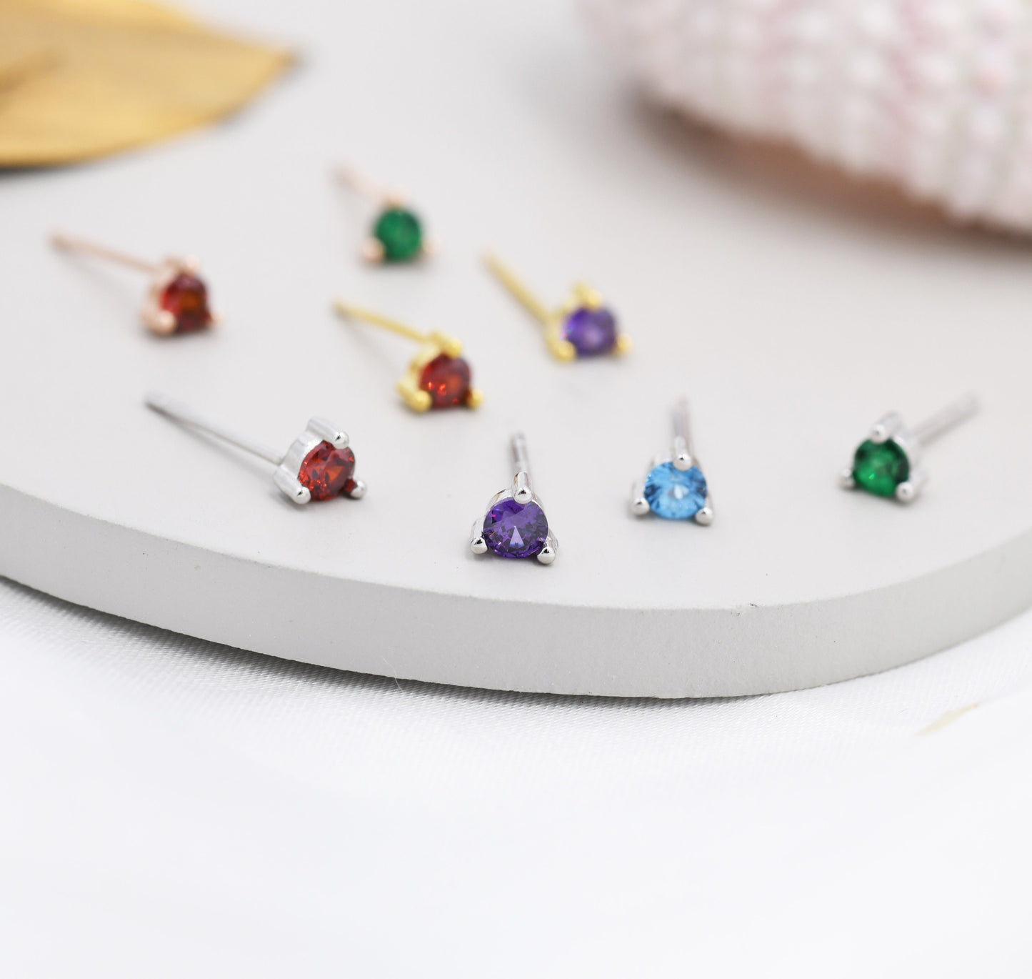 Sterling Silver Tiny Birthstone Stud Earrings,  3mm Birthstone CZ Earrings, Three Prong,  Stacking Earrings