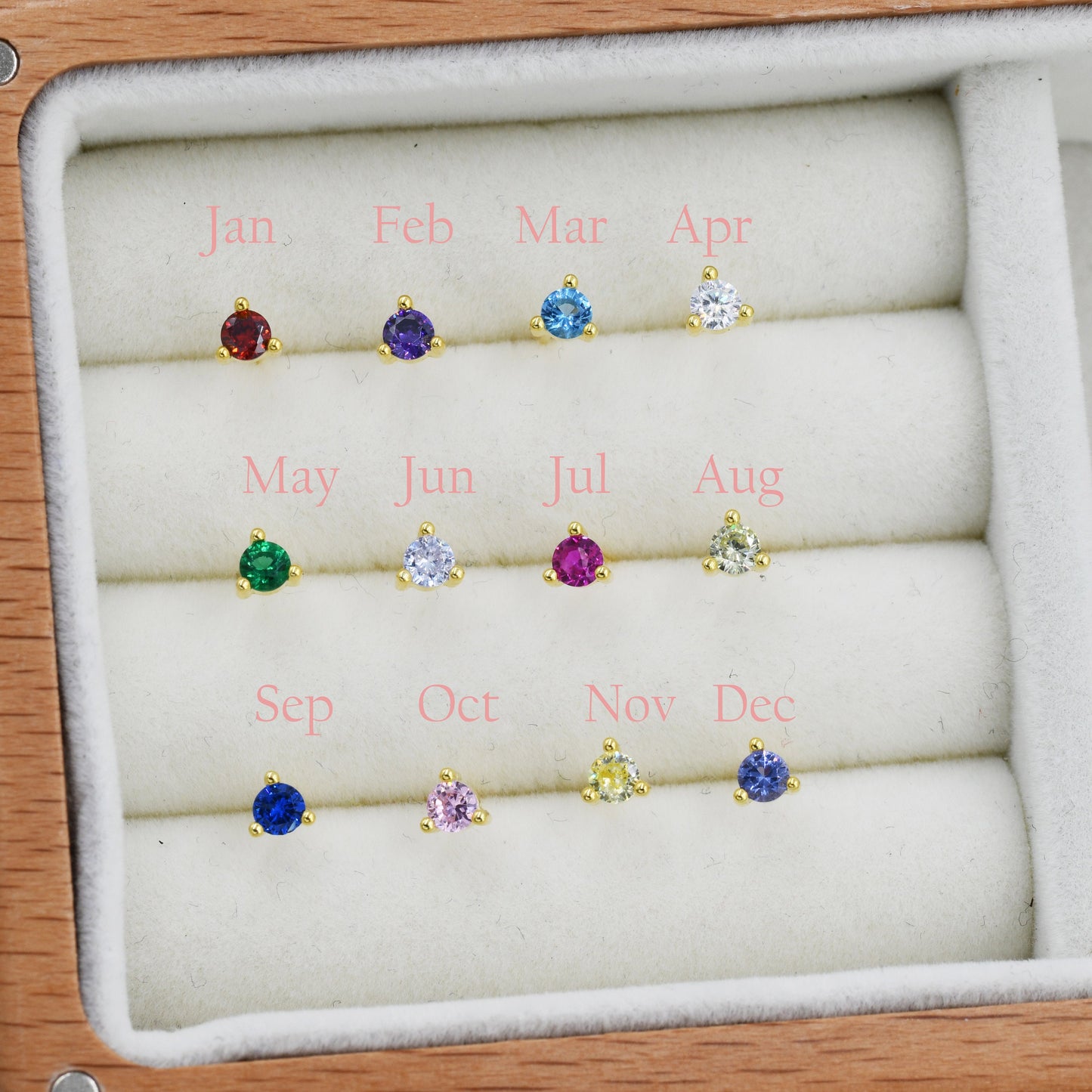 Sterling Silver Tiny Birthstone Stud Earrings,  3mm Birthstone CZ Earrings, Three Prong,  Stacking Earrings