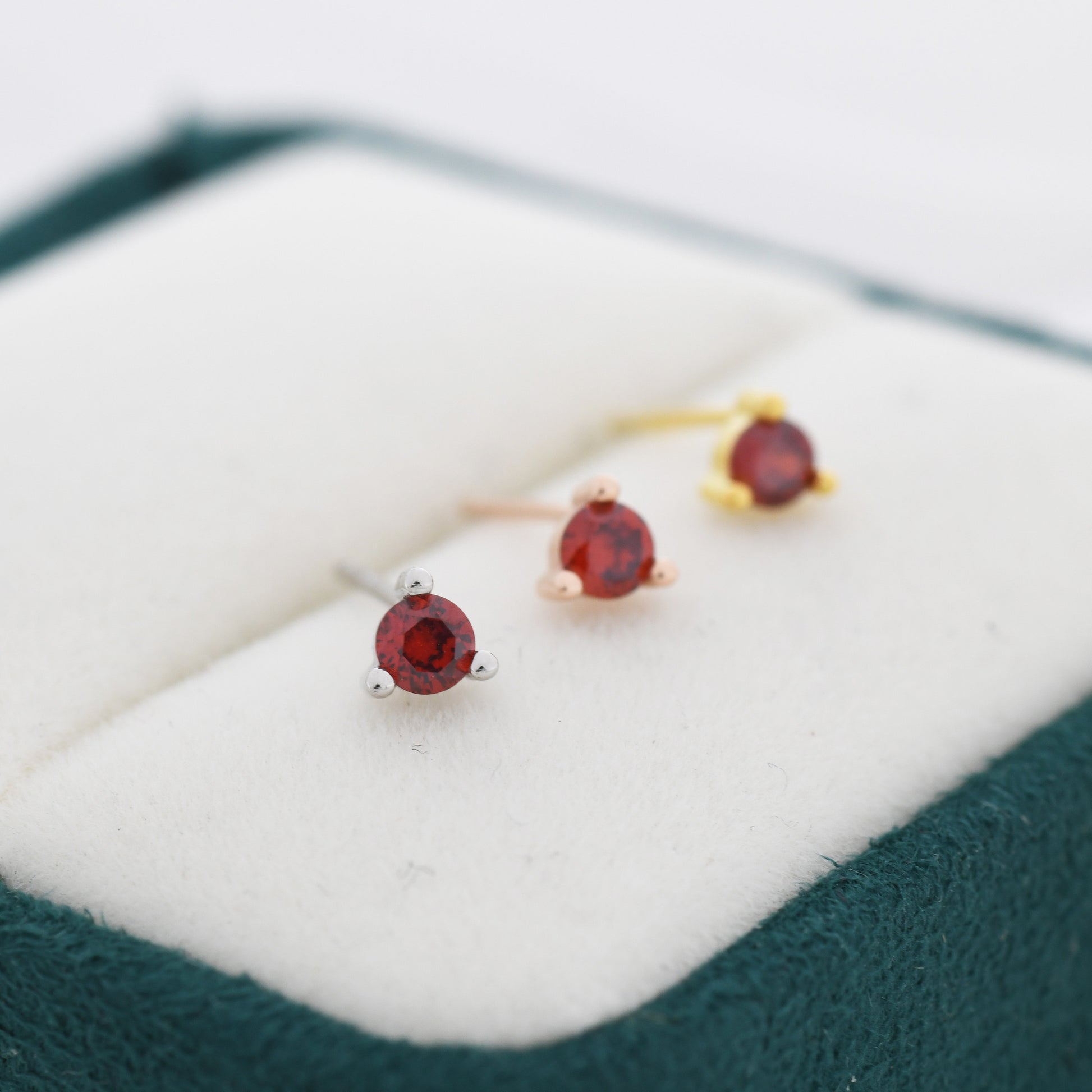 Sterling Silver Garnet Red Stud Earrings, 3mm January Birthstone CZ Earrings, Three Prong, Silver, Gold or Rose Gold, Stacking Earrings