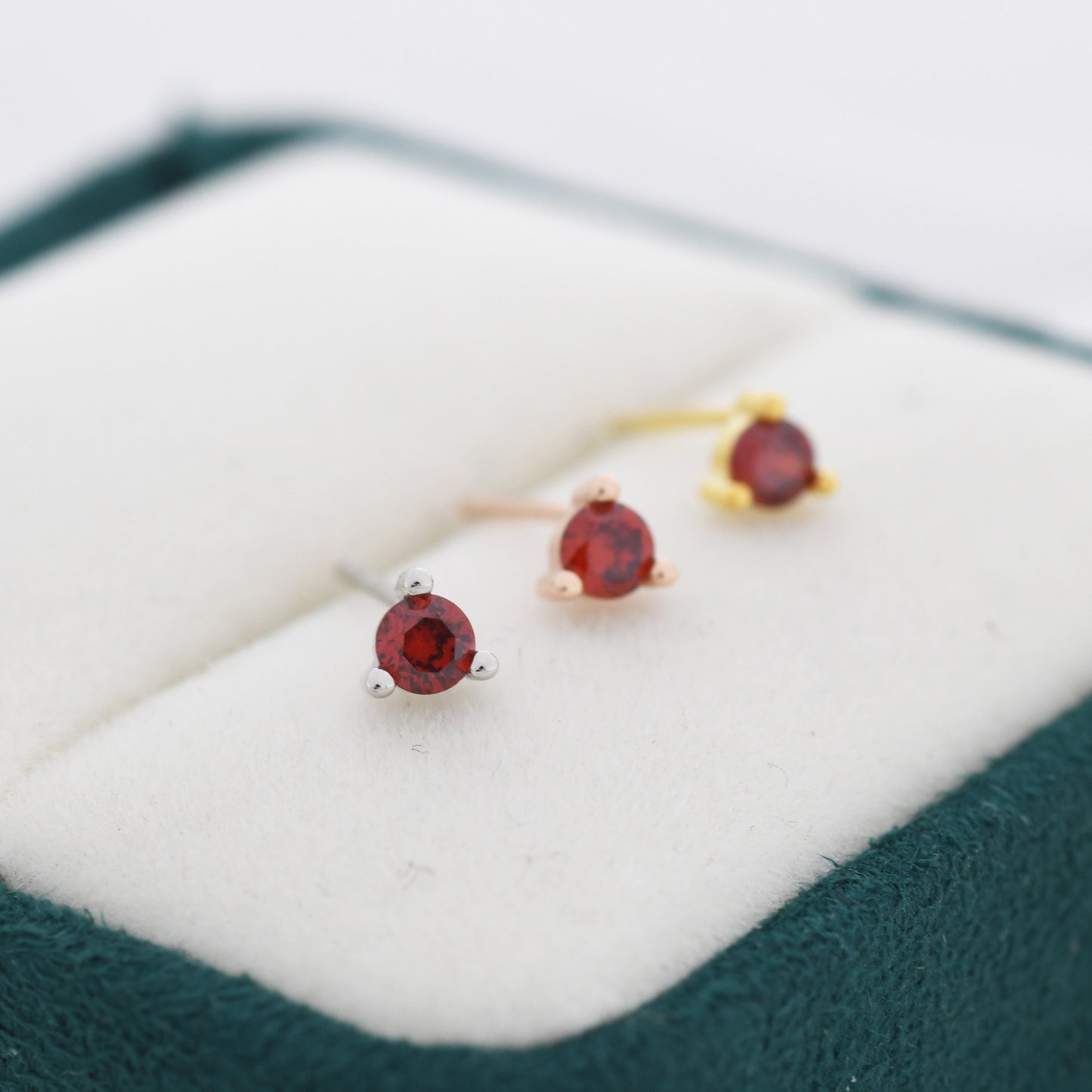 Sterling Silver Garnet Red Stud Earrings,  3mm January Birthstone CZ Earrings, Three Prong, Silver, Gold or Rose Gold, Stacking Earrings