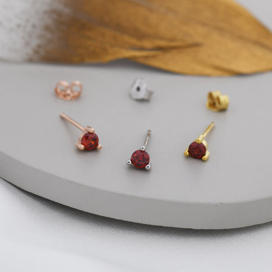 Sterling Silver Garnet Red Stud Earrings, 3mm January Birthstone CZ Earrings, Three Prong, Silver, Gold or Rose Gold, Stacking Earrings