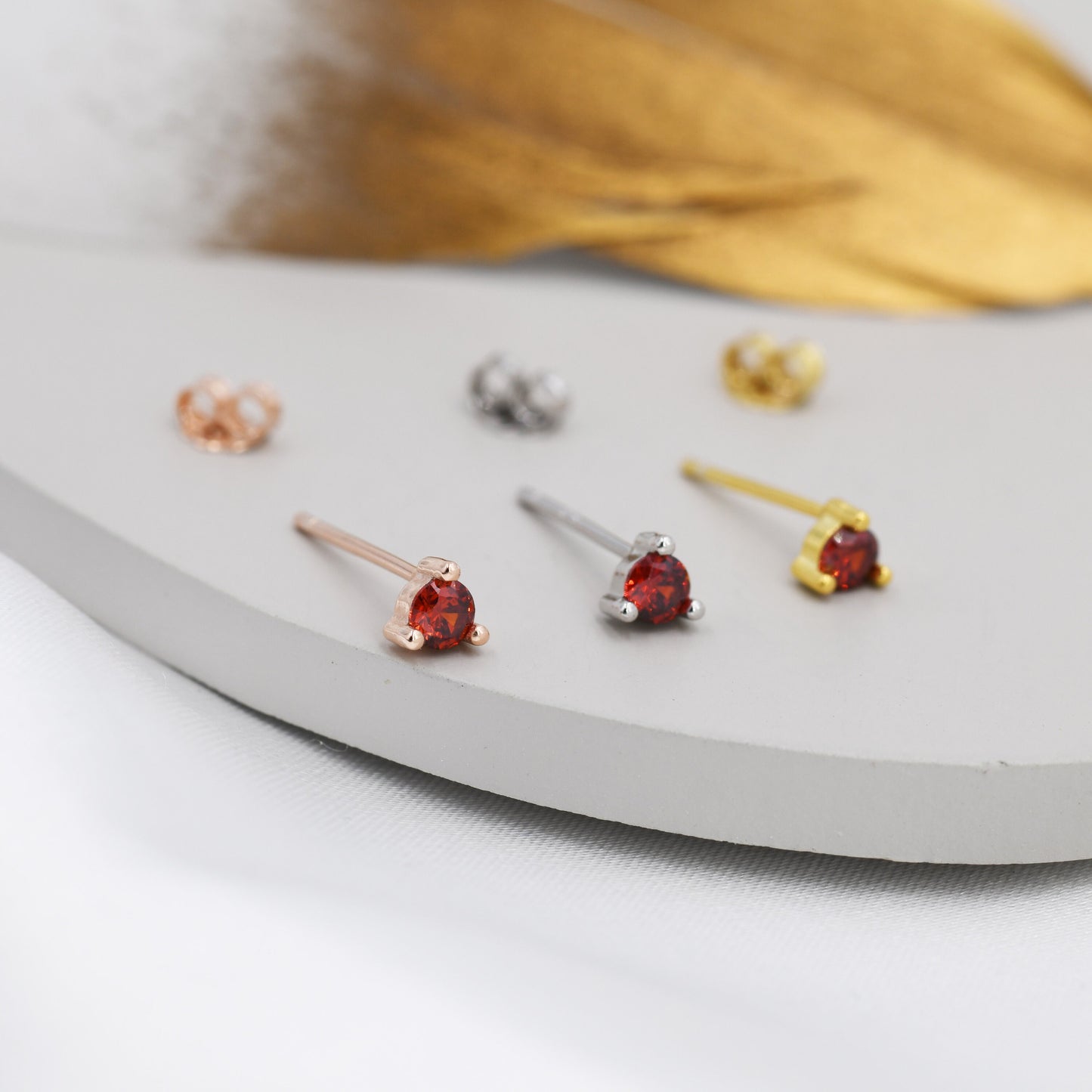 Sterling Silver Garnet Red Stud Earrings, 3mm January Birthstone CZ Earrings, Three Prong, Silver, Gold or Rose Gold, Stacking Earrings