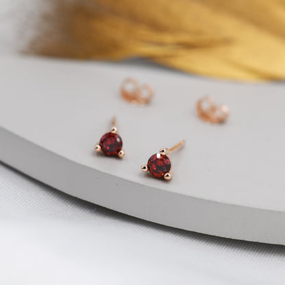 Sterling Silver Garnet Red Stud Earrings, 3mm January Birthstone CZ Earrings, Three Prong, Silver, Gold or Rose Gold, Stacking Earrings