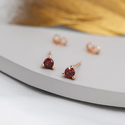 Sterling Silver Garnet Red Stud Earrings,  3mm January Birthstone CZ Earrings, Three Prong, Silver, Gold or Rose Gold, Stacking Earrings