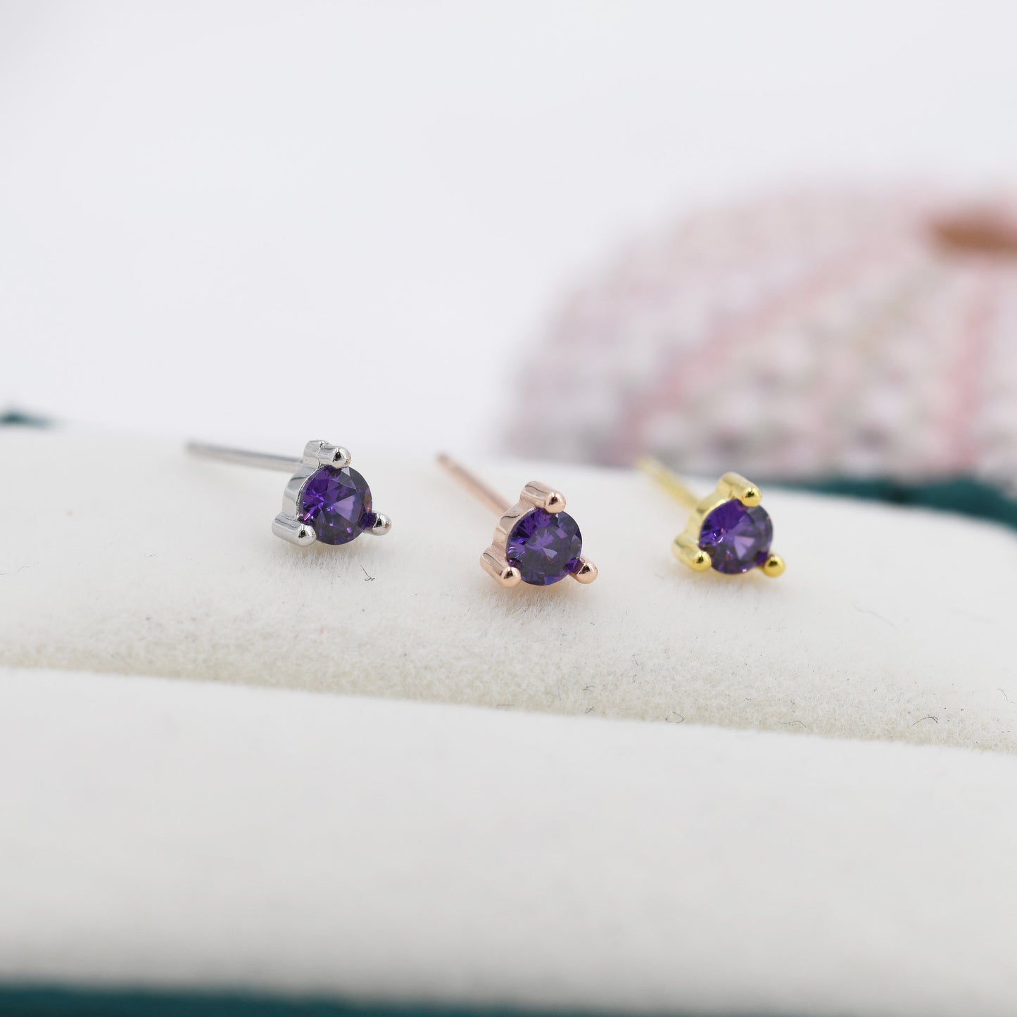 Sterling Silver Amethyst Purple Stud Earrings,  3mm February Birthstone CZ Earrings, Three Prong, Silver, Gold or Rose Gold