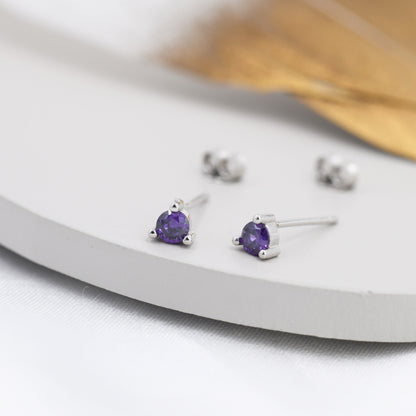 Sterling Silver Amethyst Purple Stud Earrings,  3mm February Birthstone CZ Earrings, Three Prong, Silver, Gold or Rose Gold