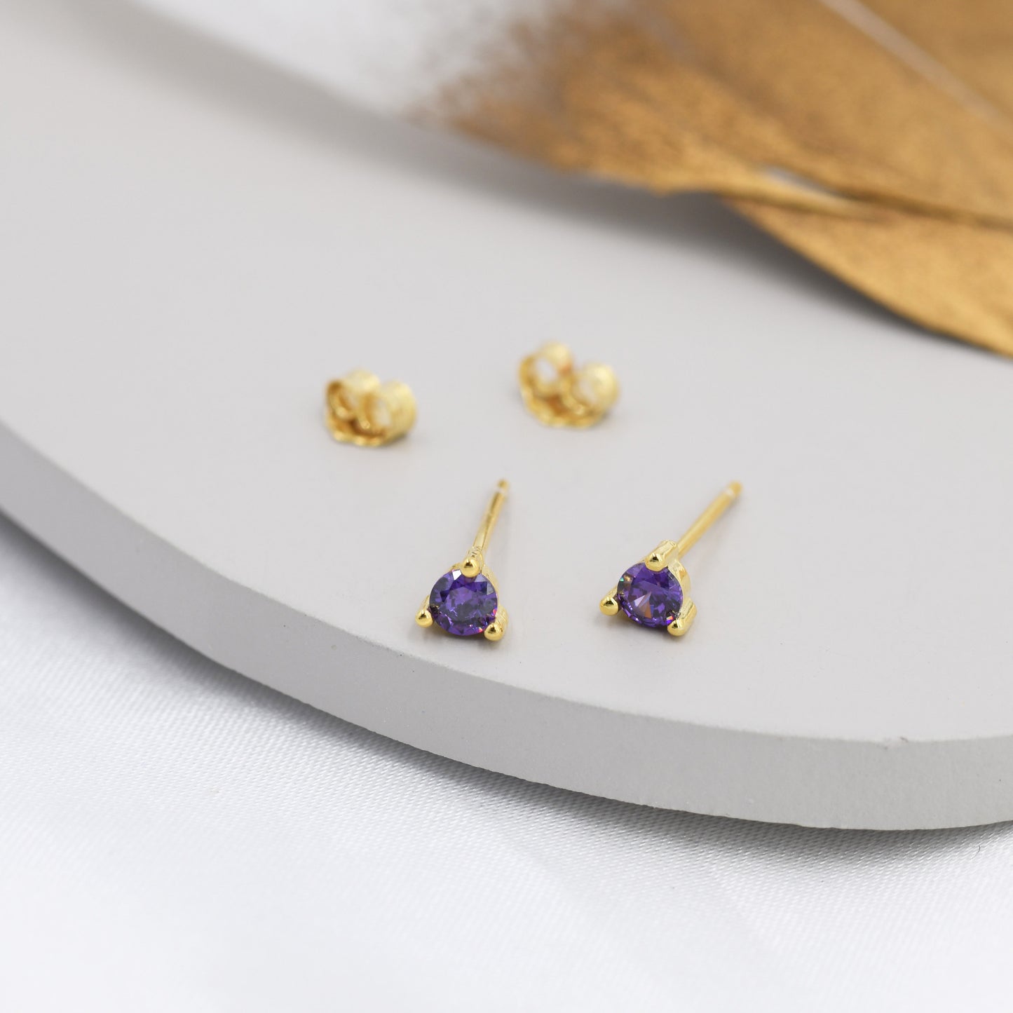 Sterling Silver Amethyst Purple Stud Earrings,  3mm February Birthstone CZ Earrings, Three Prong, Silver, Gold or Rose Gold