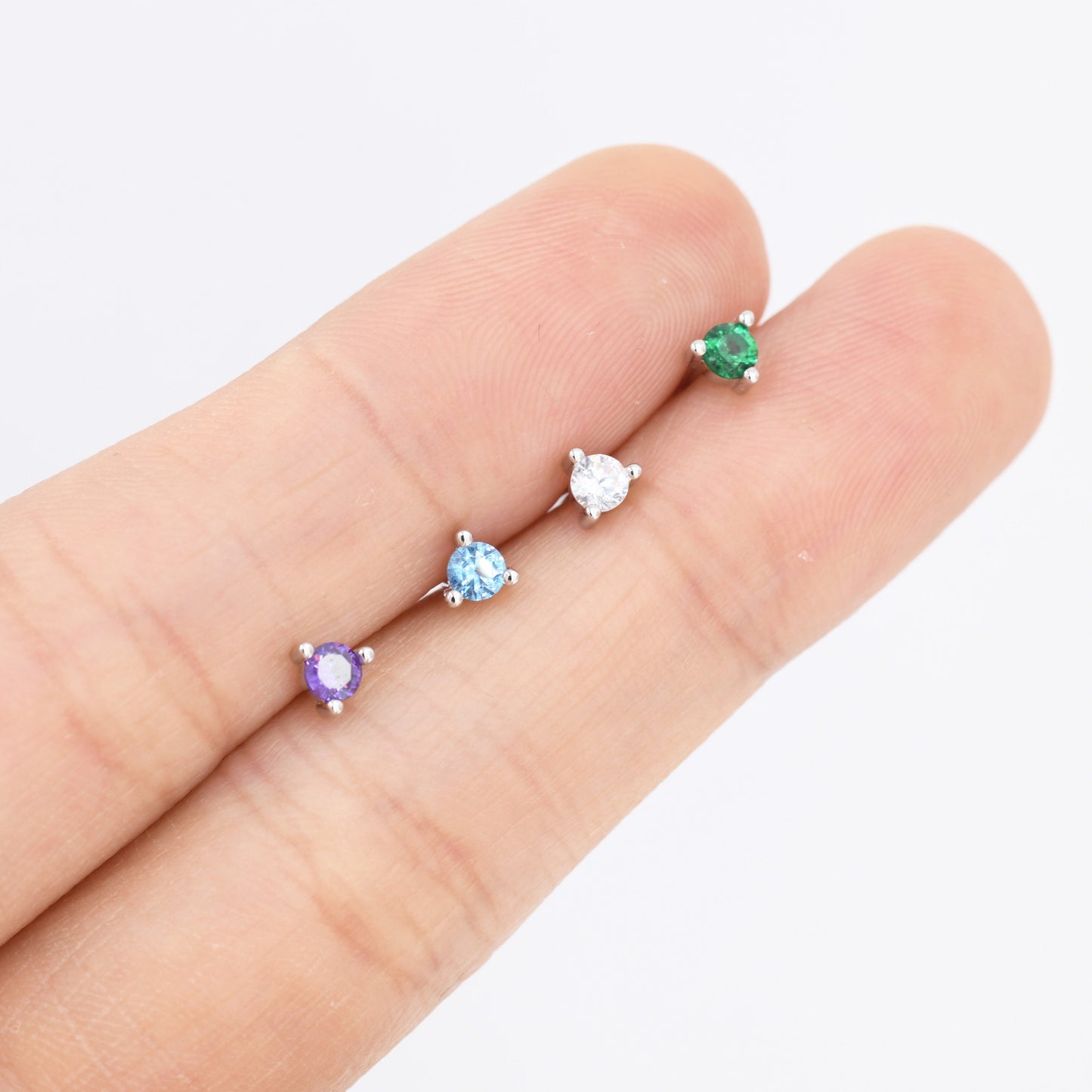 Sterling Silver Alexandrite Purple Blue CZ Stud Earrings,  3mm June Birthstone CZ Earrings, Three Prong, Silver, Gold or Rose Gold