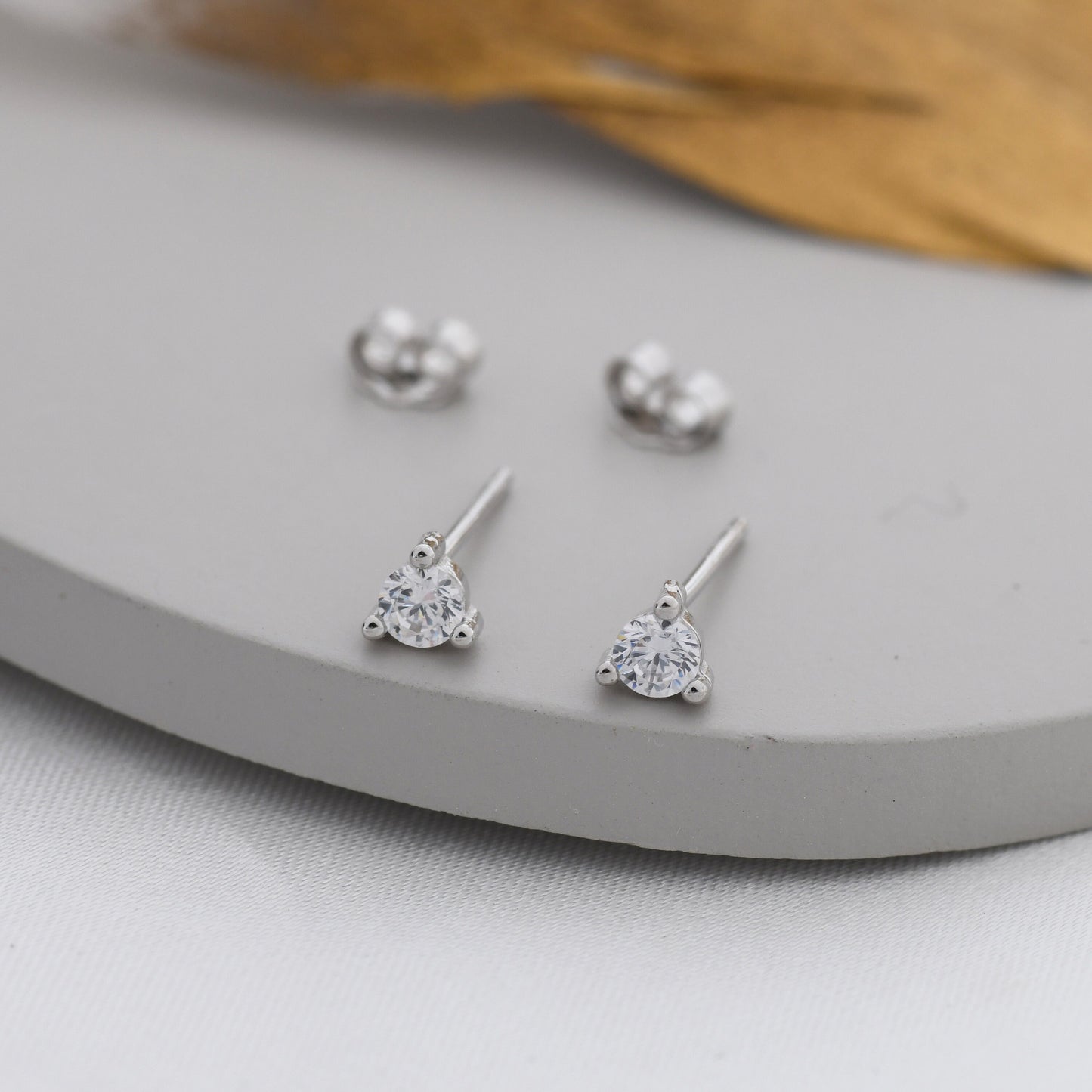 Sterling Silver Diamond CZ Stud Earrings,  3mm April Birthstone CZ Earrings, Three Prong, Silver, Gold or Rose Gold, Stacking Earrings