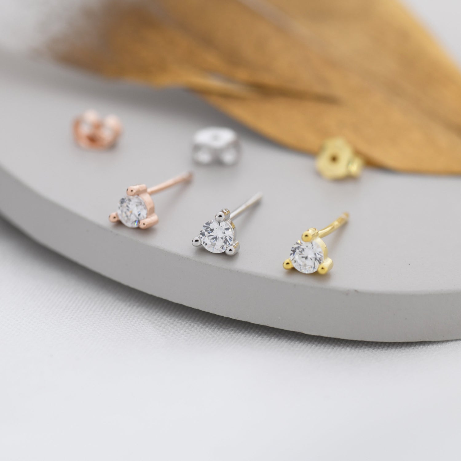 Sterling Silver Diamond CZ Stud Earrings,  3mm April Birthstone CZ Earrings, Three Prong, Silver, Gold or Rose Gold, Stacking Earrings