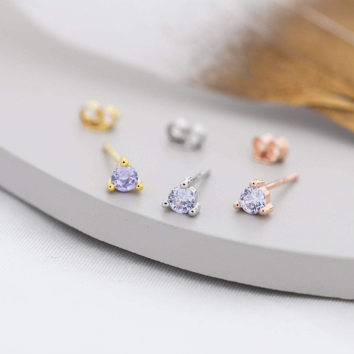 Sterling Silver Alexandrite Purple Blue CZ Stud Earrings,  3mm June Birthstone CZ Earrings, Three Prong, Silver, Gold or Rose Gold