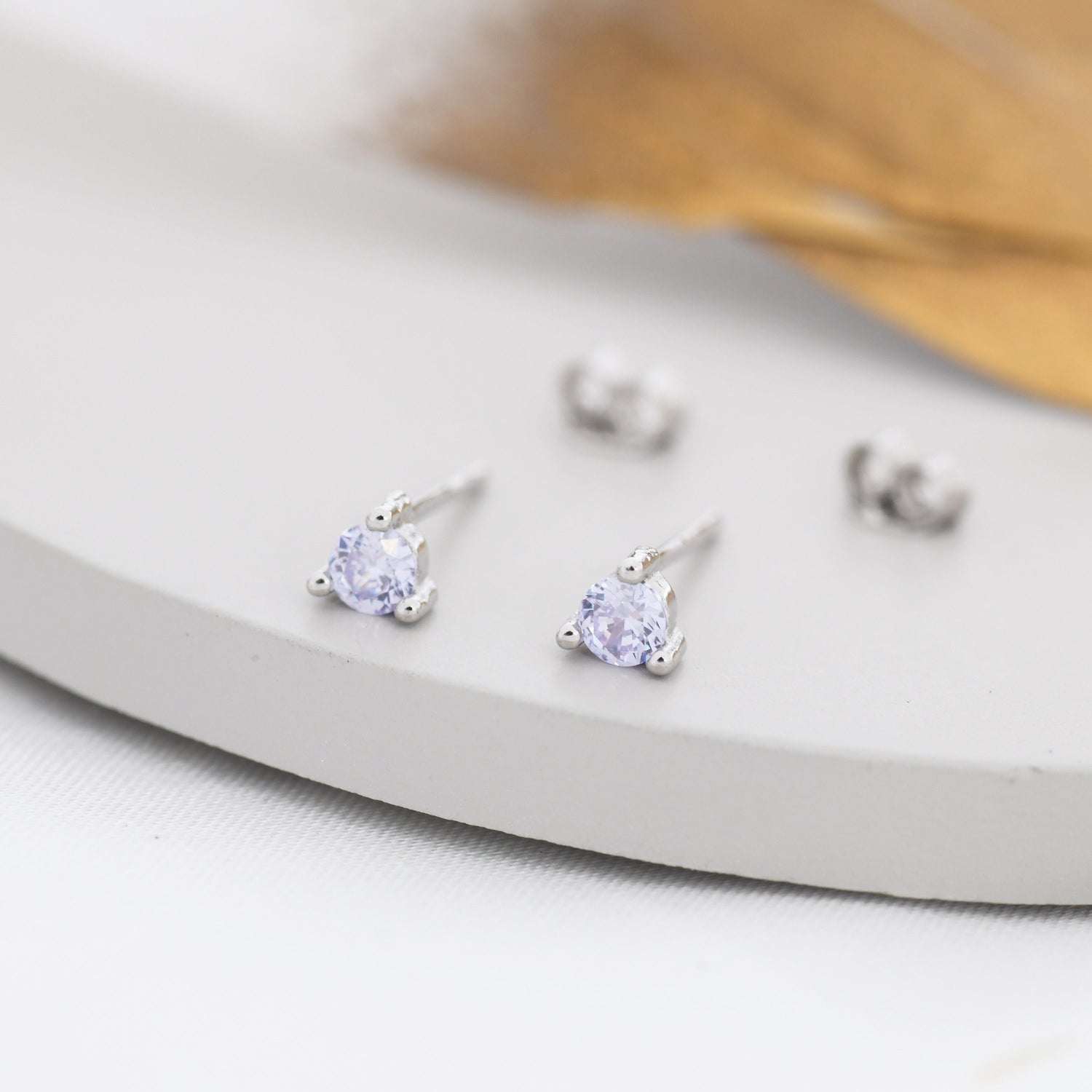 Sterling Silver Alexandrite Purple Blue CZ Stud Earrings, 3mm June Birthstone CZ Earrings, Three Prong, Silver, Gold or Rose Gold