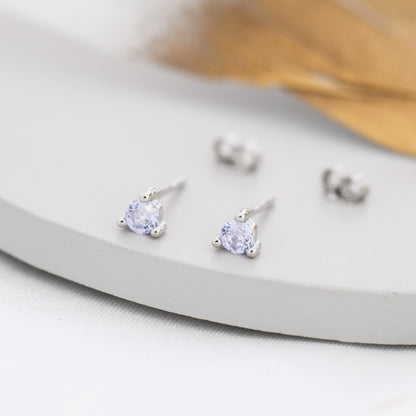 Sterling Silver Alexandrite Purple Blue CZ Stud Earrings,  3mm June Birthstone CZ Earrings, Three Prong, Silver, Gold or Rose Gold