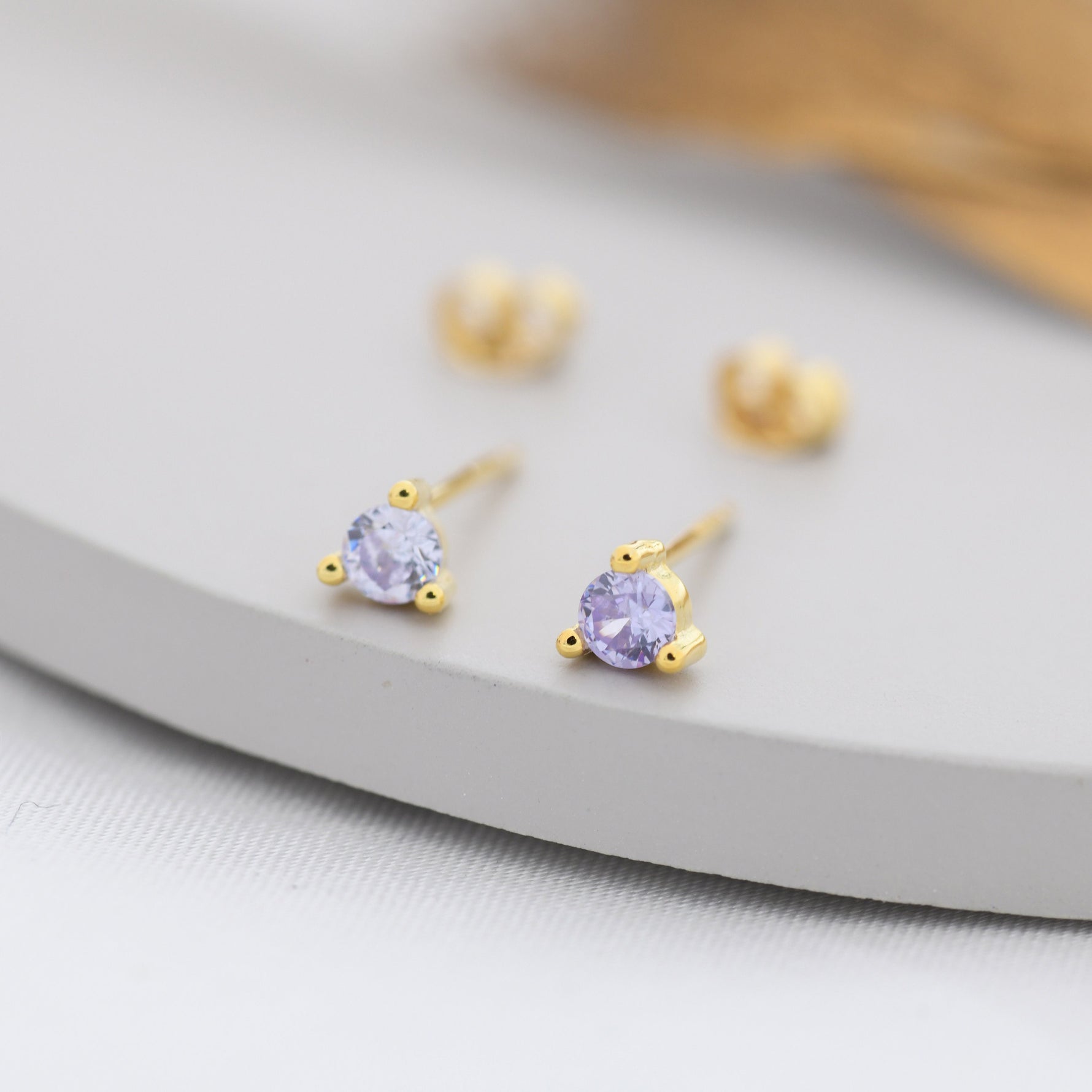 Sterling Silver Alexandrite Purple Blue CZ Stud Earrings, 3mm June Birthstone CZ Earrings, Three Prong, Silver, Gold or Rose Gold