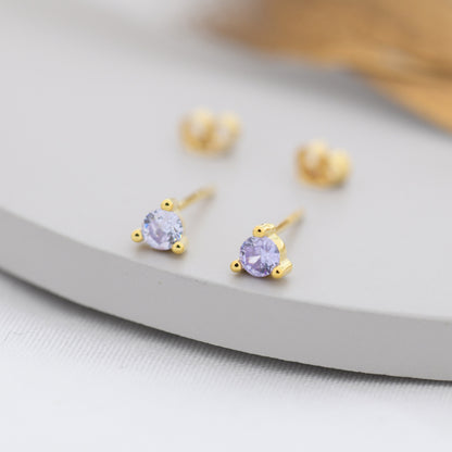 Sterling Silver Alexandrite Purple Blue CZ Stud Earrings,  3mm June Birthstone CZ Earrings, Three Prong, Silver, Gold or Rose Gold