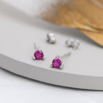 Sterling Silver Ruby Red CZ Stud Earrings, 3mm July Birthstone Pink CZ Earrings, Three Prong, Silver, Gold or Rose Gold, Stacking Earrings