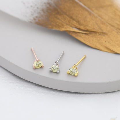 Sterling Silver Peridot Green Stud Earrings,  3mm August Birthstone CZ Earrings, Three Prong, Silver, Gold or Rose Gold, Stacking Earrings