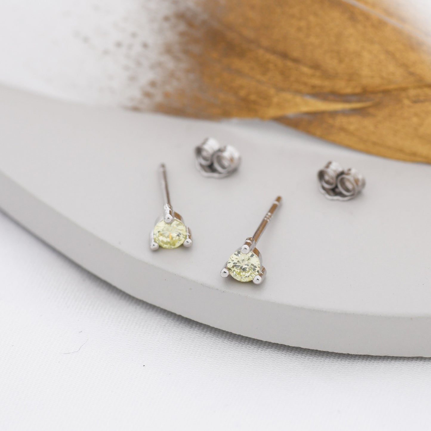 Sterling Silver Peridot Green Stud Earrings,  3mm August Birthstone CZ Earrings, Three Prong, Silver, Gold or Rose Gold, Stacking Earrings