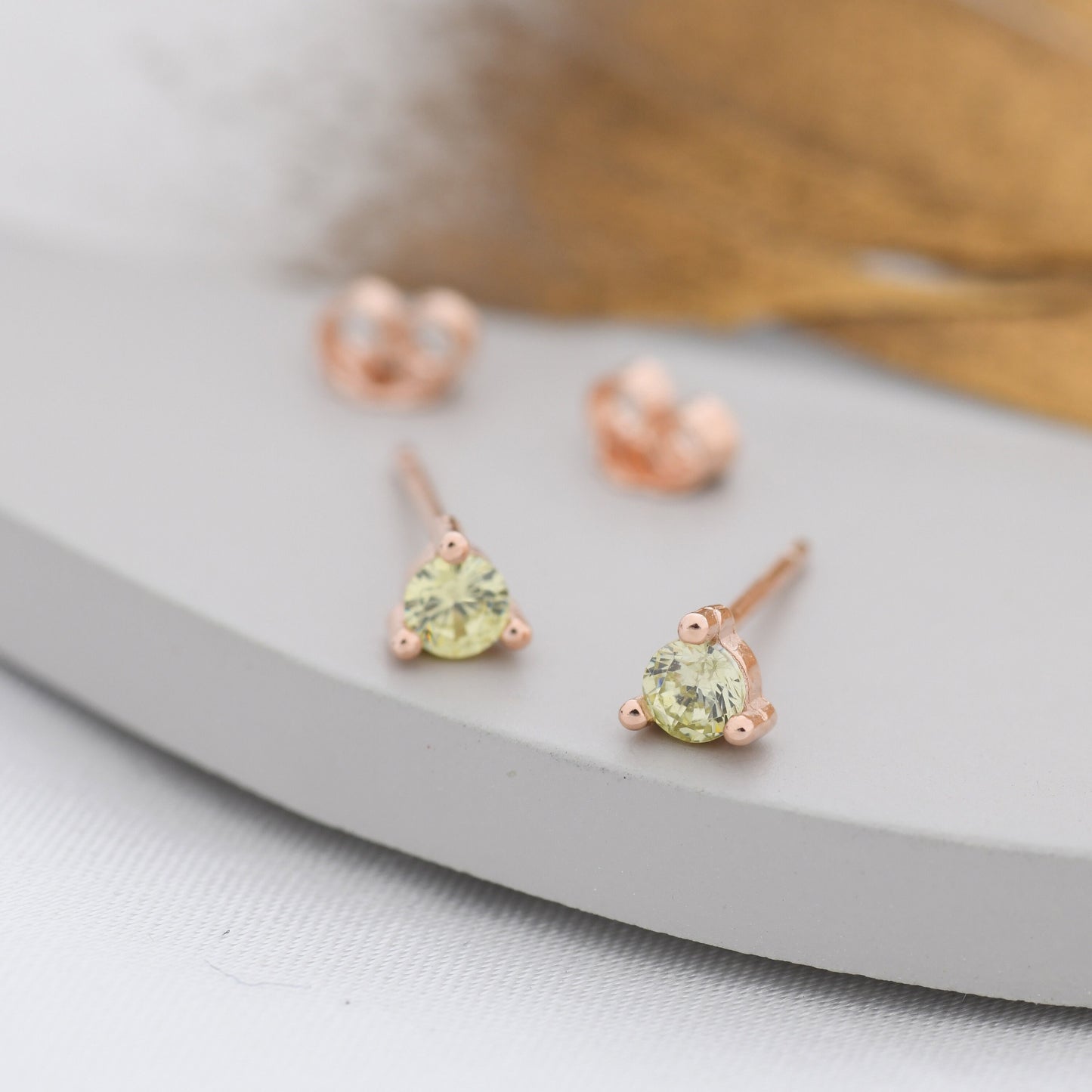 Sterling Silver Peridot Green Stud Earrings,  3mm August Birthstone CZ Earrings, Three Prong, Silver, Gold or Rose Gold, Stacking Earrings