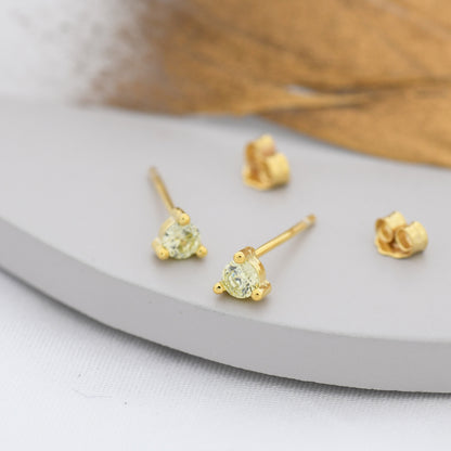 Sterling Silver Peridot Green Stud Earrings,  3mm August Birthstone CZ Earrings, Three Prong, Silver, Gold or Rose Gold, Stacking Earrings