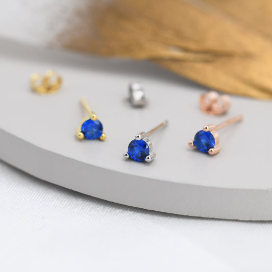 Sterling Silver Sapphire Blue Stud Earrings,  3mm September Birthstone CZ Earrings, Three Prong, Silver, Gold or Rose Gold, Stacking Earring