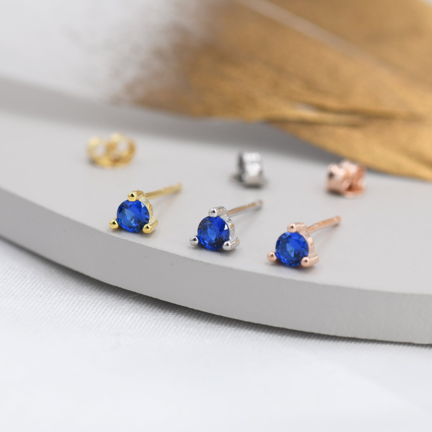 Sterling Silver Sapphire Blue Stud Earrings,  3mm September Birthstone CZ Earrings, Three Prong, Silver, Gold or Rose Gold, Stacking Earring