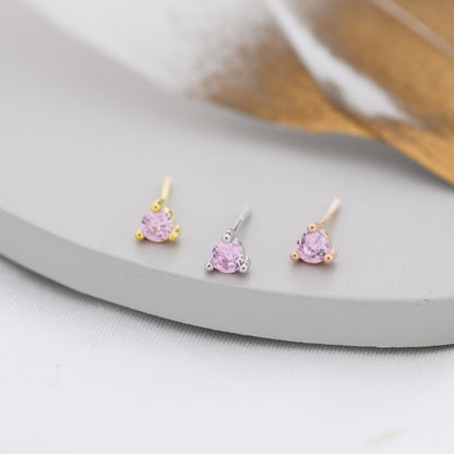 Sterling Silver Tourmaline Pink Stud Earrings,  3mm October Birthstone CZ Earrings, Three Prong, Silver, Gold or Rose Gold, Stacking Earring