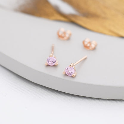 Sterling Silver Tourmaline Pink Stud Earrings,  3mm October Birthstone CZ Earrings, Three Prong, Silver, Gold or Rose Gold, Stacking Earring