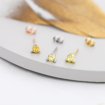 Sterling Silver Citrine Yellow Stud Earrings,  3mm November Birthstone CZ Earrings, Three Prong, Silver, Gold or Rose Gold, Stacking Earring