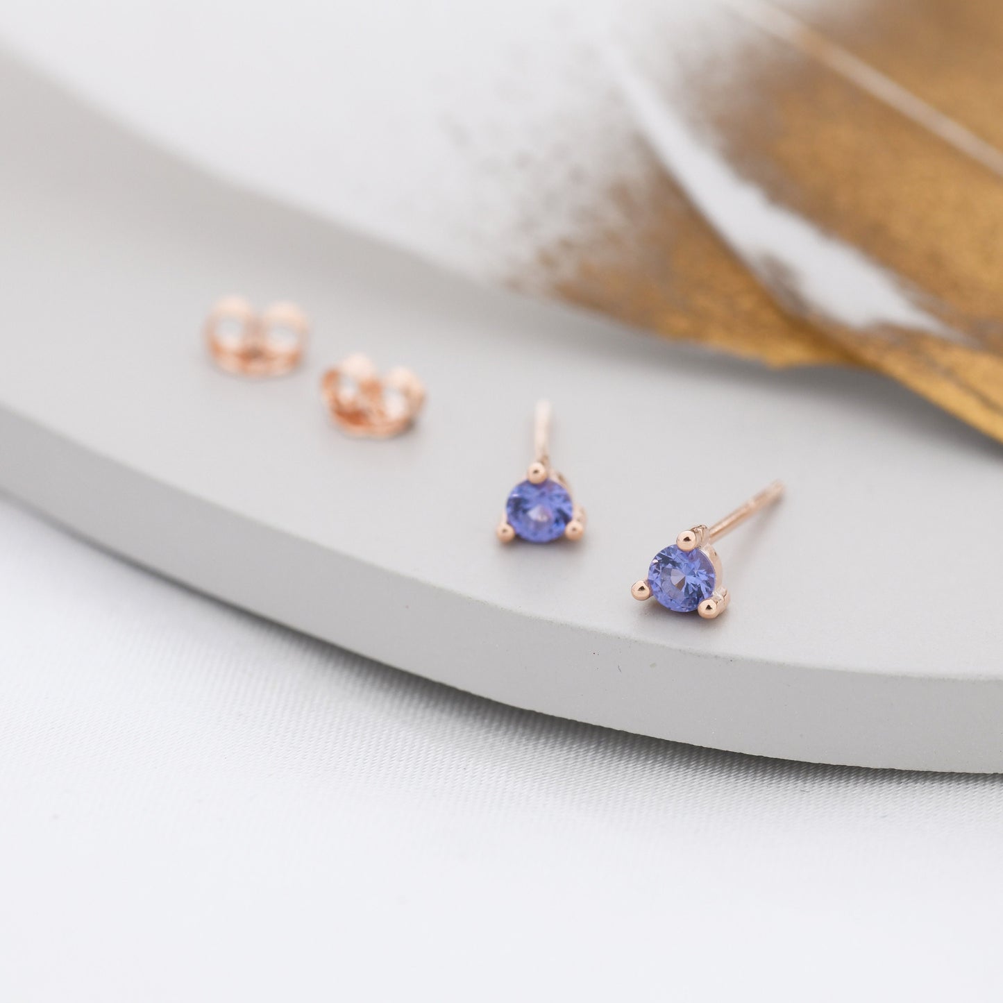 Sterling Silver Tanzanite Blue Stud Earrings,  3mm December Birthstone CZ Earrings, Three Prong, Silver, Gold or Rose Gold, Stacking Earring