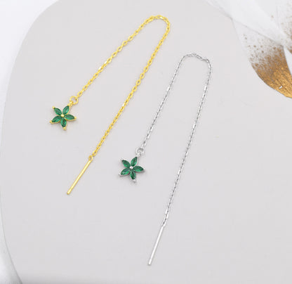 Emerald Green CZ Flower Threader Earrings in Sterling Silver, Silver or Gold, Forget-me-not Floral Ear Threaders, Sparkly CZ Threaders