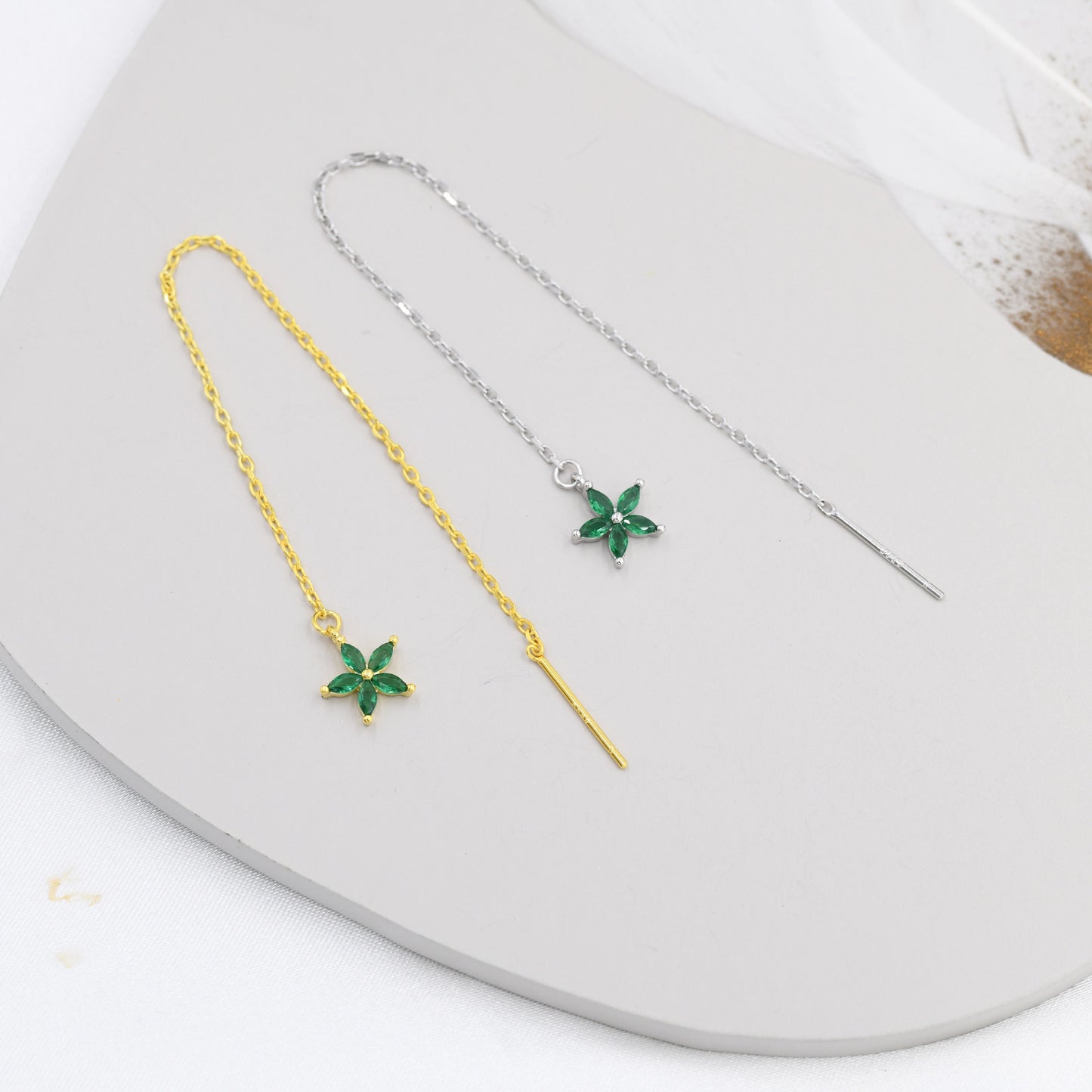 Emerald Green CZ Flower Threader Earrings in Sterling Silver, Silver or Gold, Forget-me-not Floral Ear Threaders, Sparkly CZ Threaders