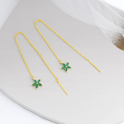 Emerald Green CZ Flower Threader Earrings in Sterling Silver, Silver or Gold, Forget-me-not Floral Ear Threaders, Sparkly CZ Threaders