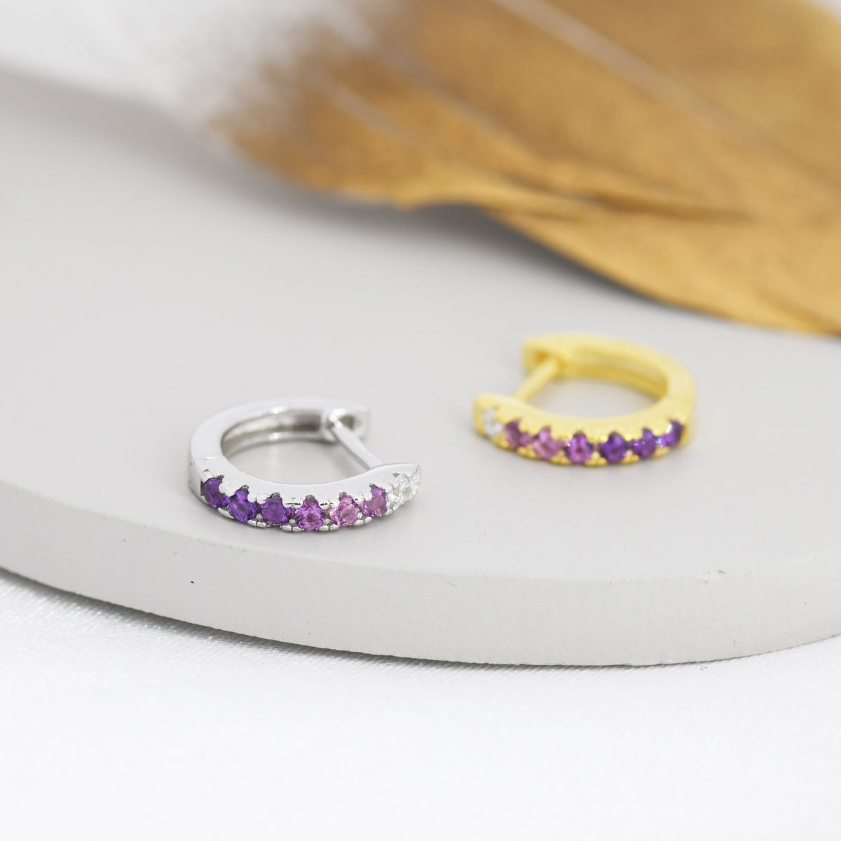 Amethyst Purple Ombre CZ Huggie Hoops in Sterling Silver, Silver or Gold, Minimalist Hoop Earrings, 8mm Hoops, cartilage hoops, Gradient