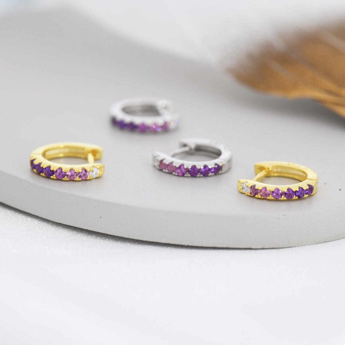 Amethyst Purple Ombre CZ Huggie Hoops in Sterling Silver, Silver or Gold, Minimalist Hoop Earrings, 8mm Hoops, cartilage hoops, Gradient