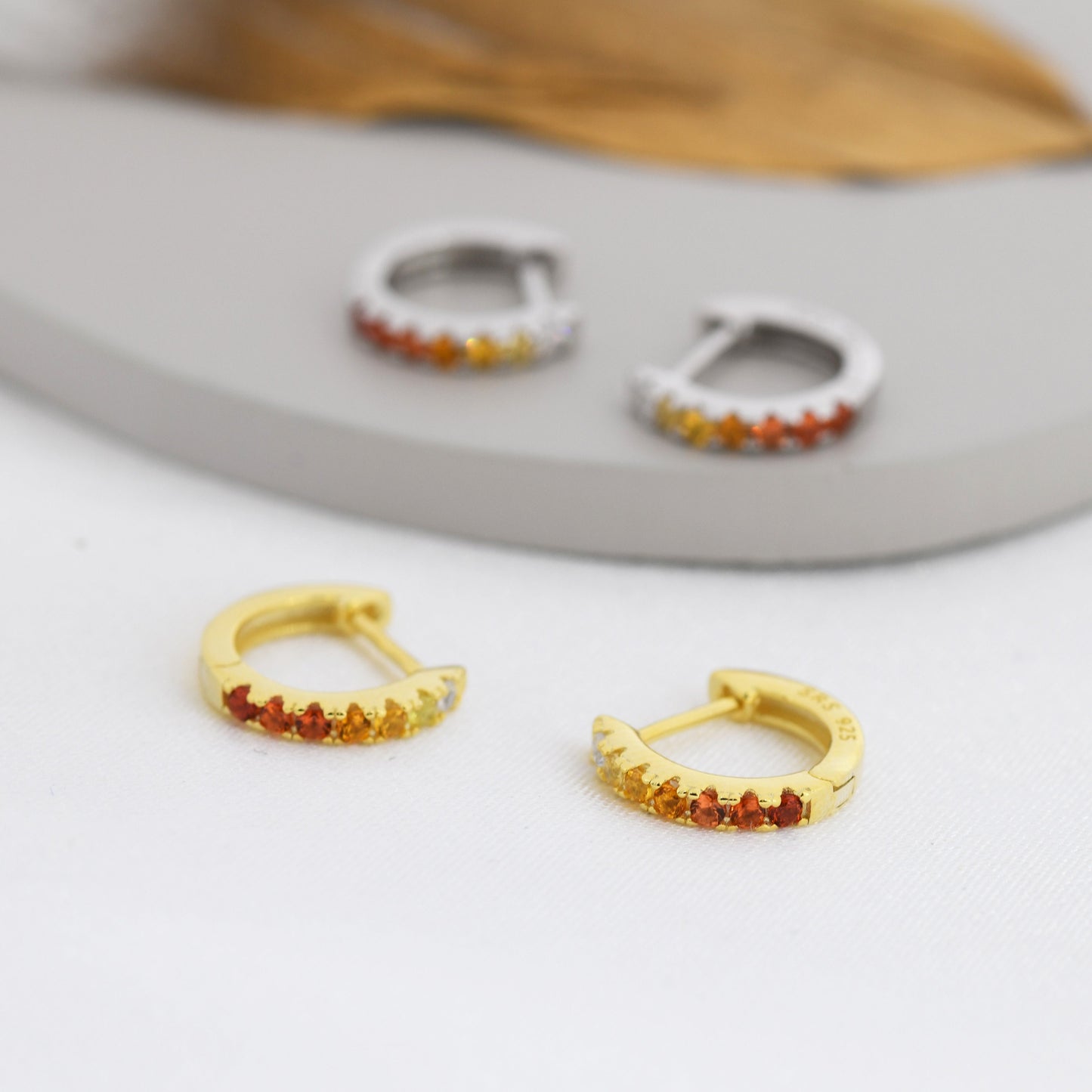 Garnet Red Ombre CZ Huggie Hoops in Sterling Silver, Silver or Gold, Minimalist Hoop Earrings, 8mm Hoops, cartilage hoops, Gradient